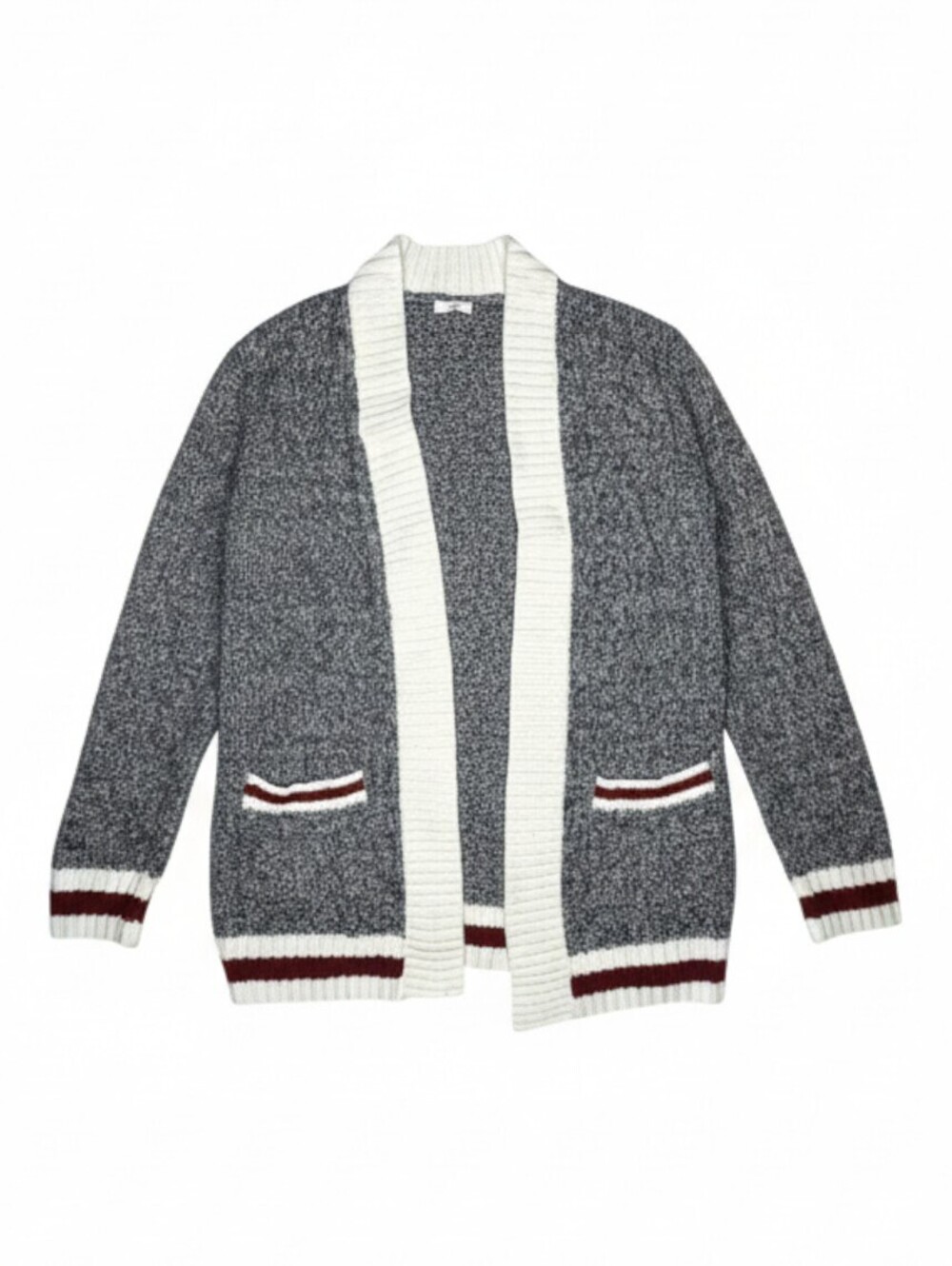 Ardene Women's Grey and White Open Front Cardigan with Striped Accents